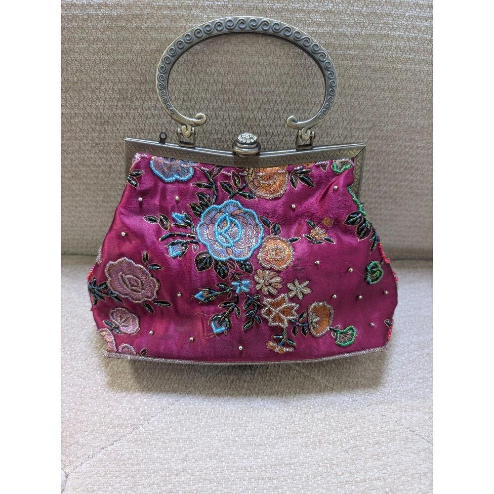 Vintage Beaded Satin Kiss Lock Bag Y2K Evening Purse Statement Wedding Guest - Picture 10 of 10